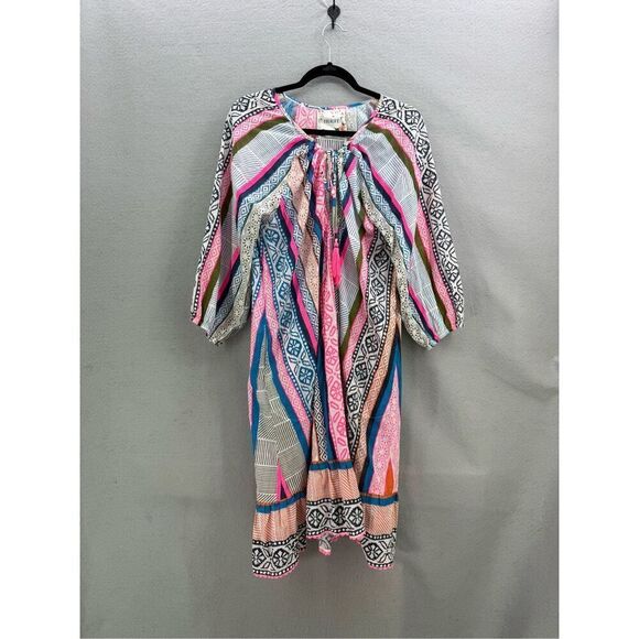 Lulalife Women Multicolor Light Cotton Striped Abstract Shirred Midi Dress Large - Picture 1 of 12